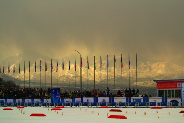 The stadium at the Junior World Championships venue shadowed by Kazakh mountains.